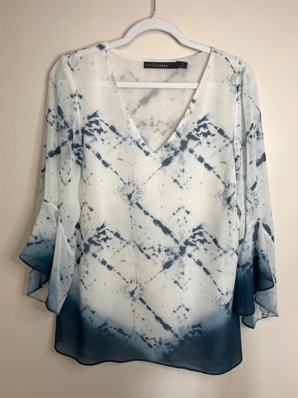 Iris Setlakwe Blue White V-Neck Blouse Bell Sleeve 8
